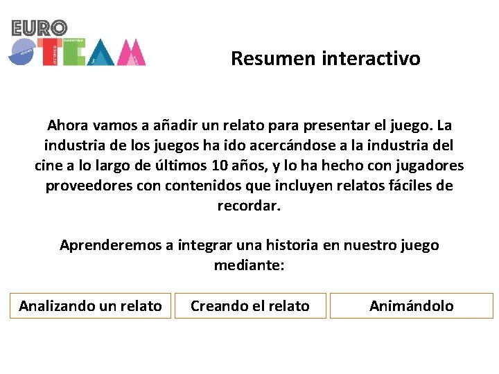 Resumen interactivo Ahora vamos a añadir un relato para presentar el juego. La industria