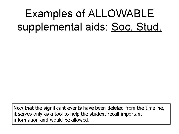 Examples of ALLOWABLE supplemental aids: Soc. Stud. Now that the significant events have been