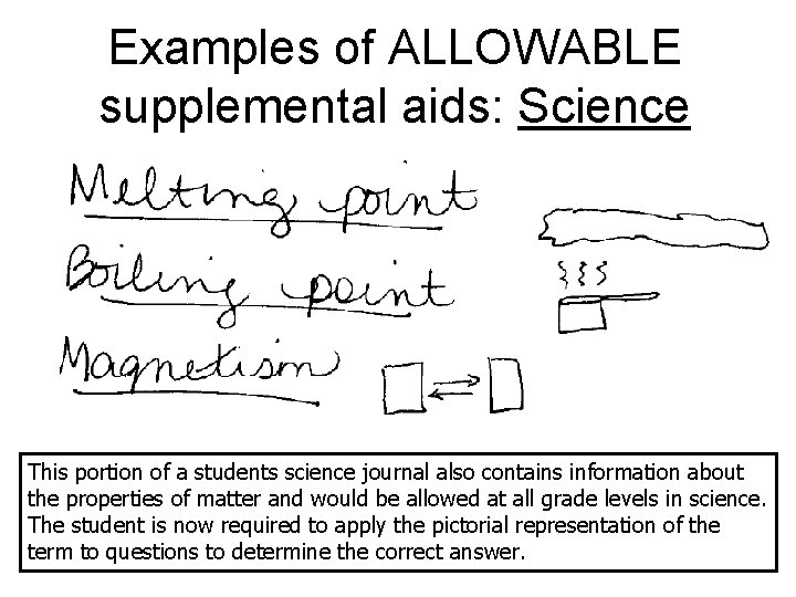 Examples of ALLOWABLE supplemental aids: Science This portion of a students science journal also
