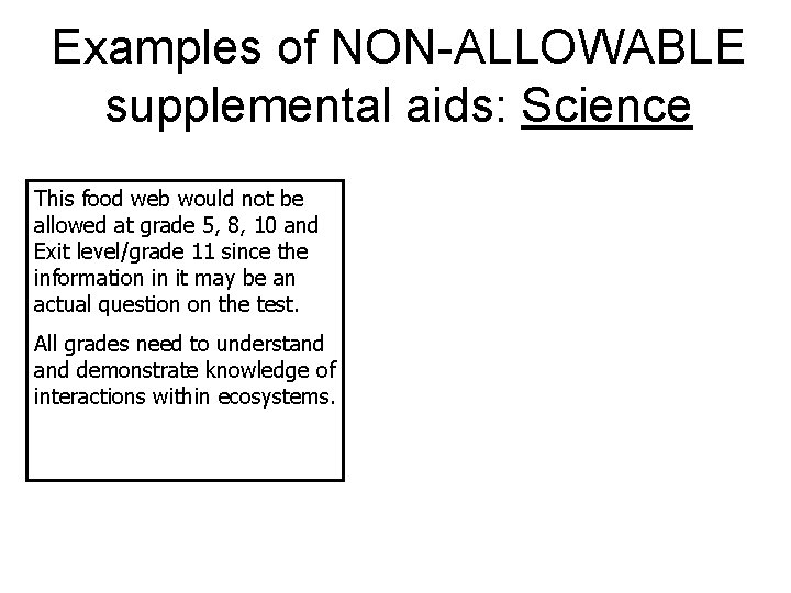 Examples of NON-ALLOWABLE supplemental aids: Science This food web would not be allowed at