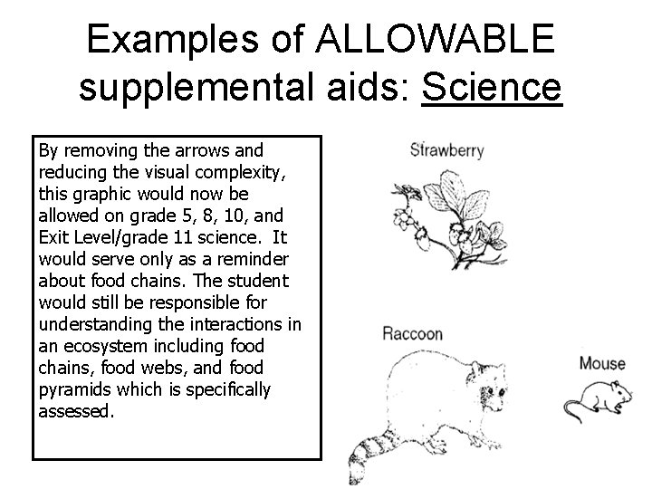 Examples of ALLOWABLE supplemental aids: Science By removing the arrows and reducing the visual