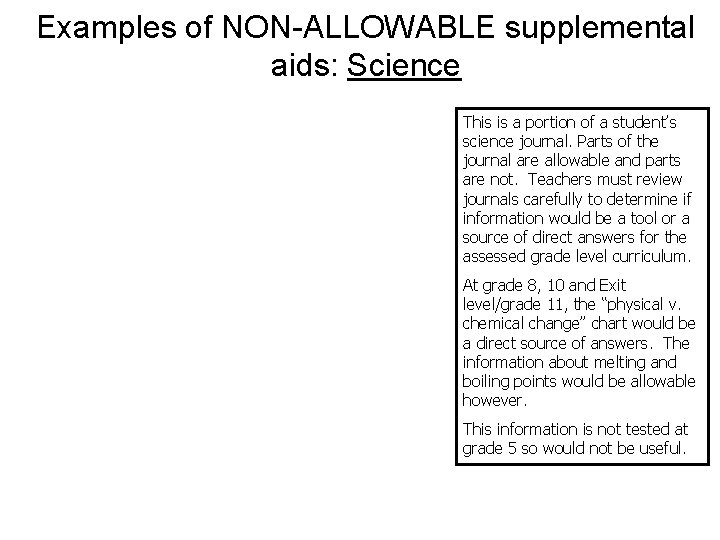 Examples of NON-ALLOWABLE supplemental aids: Science This is a portion of a student’s science