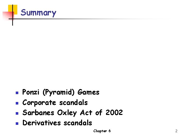 Summary n n Ponzi (Pyramid) Games Corporate scandals Sarbanes Oxley Act of 2002 Derivatives