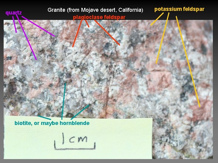 quartz Granite (from Mojave desert, California) plagioclase feldspar biotite, or maybe hornblende potassium feldspar