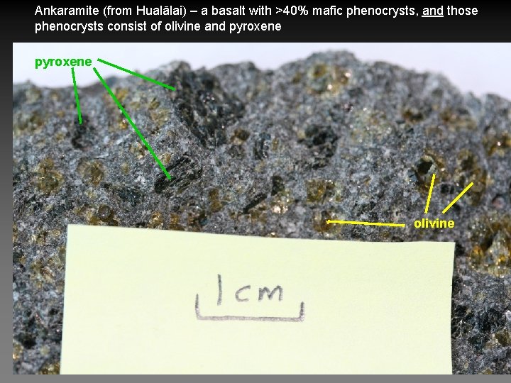 Ankaramite (from Hualālai) – a basalt with >40% mafic phenocrysts, and those phenocrysts consist