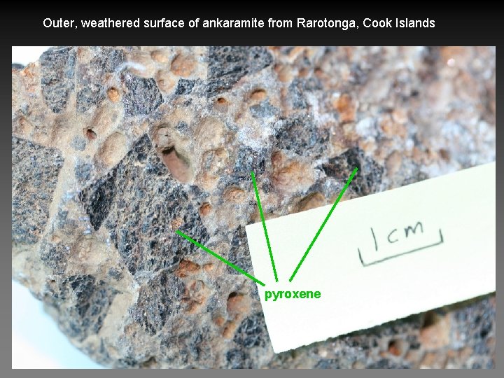 Outer, weathered surface of ankaramite from Rarotonga, Cook Islands pyroxene 