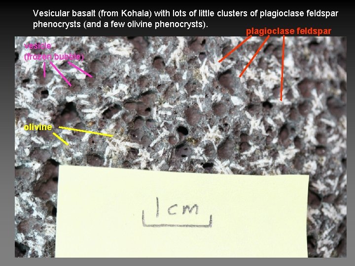 Vesicular basalt (from Kohala) with lots of little clusters of plagioclase feldspar phenocrysts (and