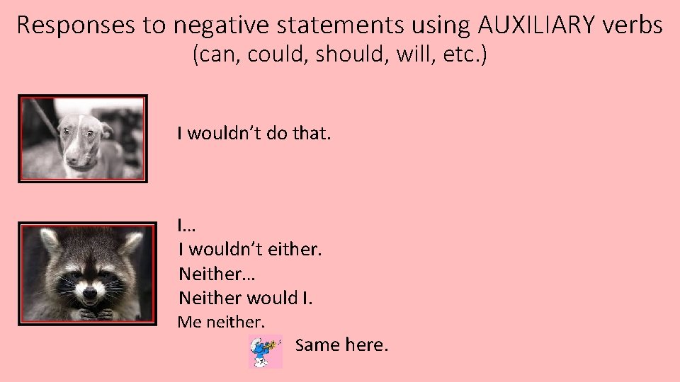 Responses to negative statements using AUXILIARY verbs (can, could, should, will, etc. ) I