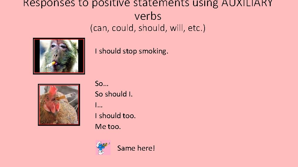 Responses to positive statements using AUXILIARY verbs (can, could, should, will, etc. ) I