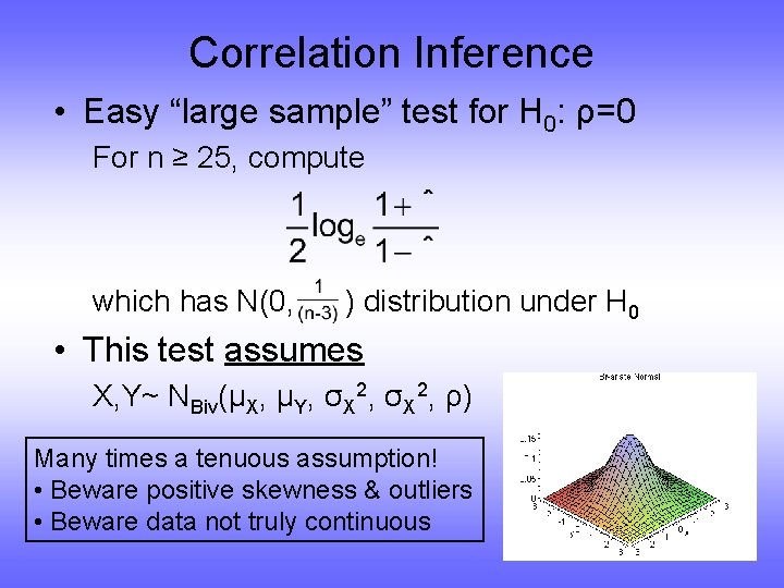 Correlation Inference • Easy “large sample” test for H 0: ρ=0 For n ≥