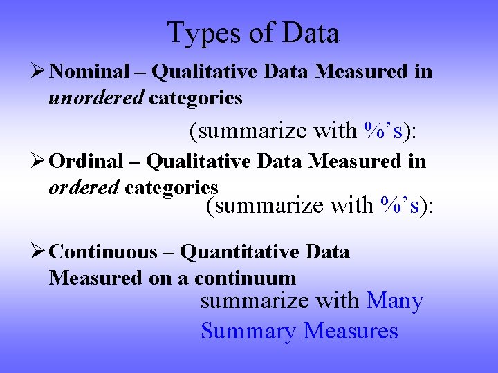 Types of Data Ø Nominal – Qualitative Data Measured in unordered categories (summarize with