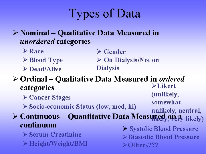 Types of Data Ø Nominal – Qualitative Data Measured in unordered categories Ø Race