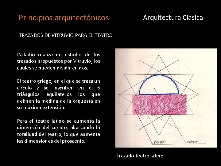 Principios arquitectónicos Arquitectura Clásica TRAZADOS DE VITRUVIO PARA EL TEATRO Palladio realiza un estudio
