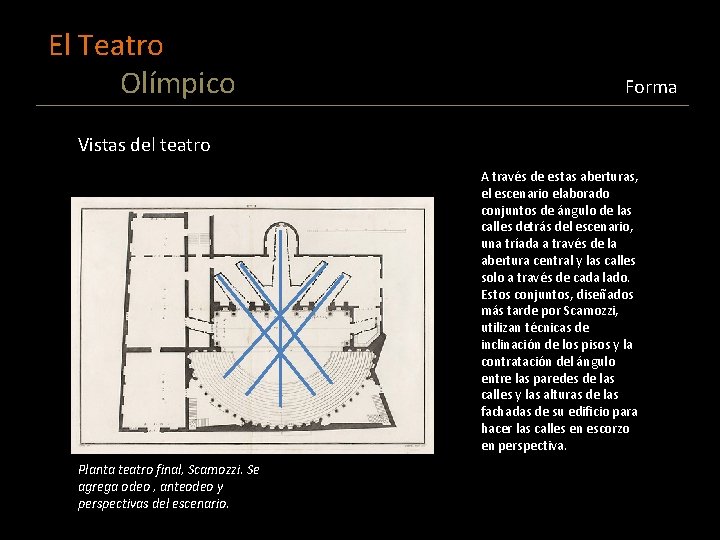 El Teatro Olímpico Forma Vistas del teatro A través de estas aberturas, el escenario