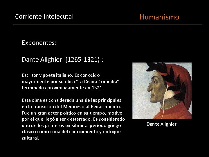 Corriente Intelecutal Humanismo Exponentes: Dante Alighieri (1265 -1321) : Escritor y poeta italiano. Es