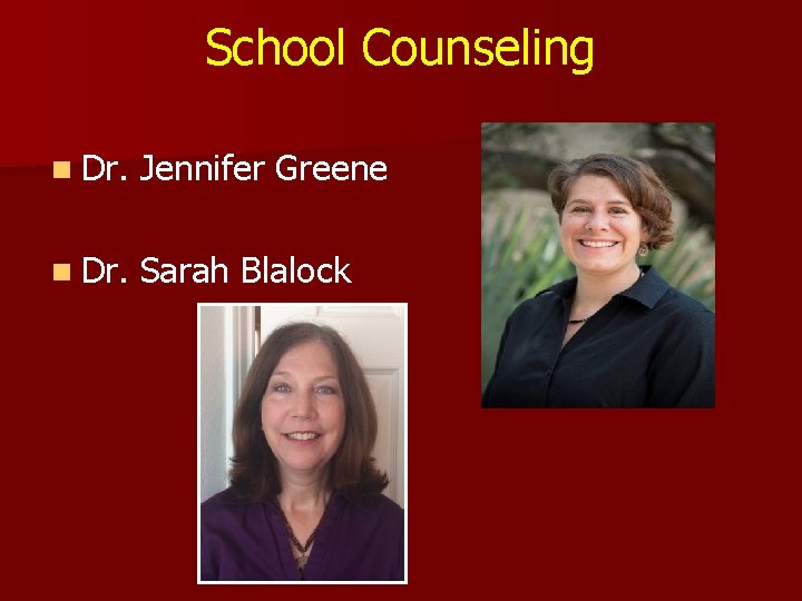 School Counseling n Dr. Jennifer Greene n Dr. Sarah Blalock 