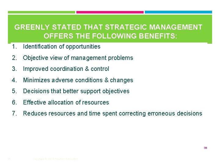GREENLY STATED THAT STRATEGIC MANAGEMENT OFFERS THE FOLLOWING BENEFITS: 1. Identification of opportunities 2.