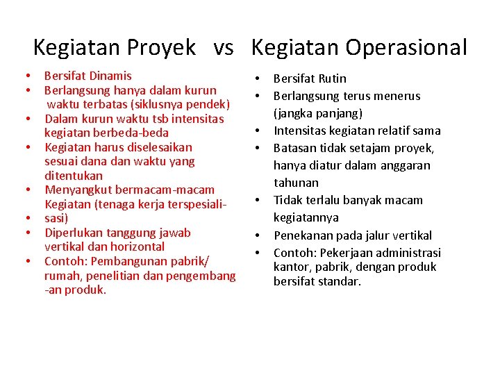 Kegiatan Proyek vs Kegiatan Operasional • • Bersifat Dinamis Berlangsung hanya dalam kurun waktu