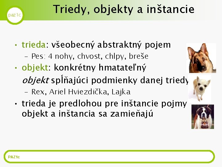 paz 1 c Triedy, objekty a inštancie • trieda: všeobecný abstraktný pojem – Pes: