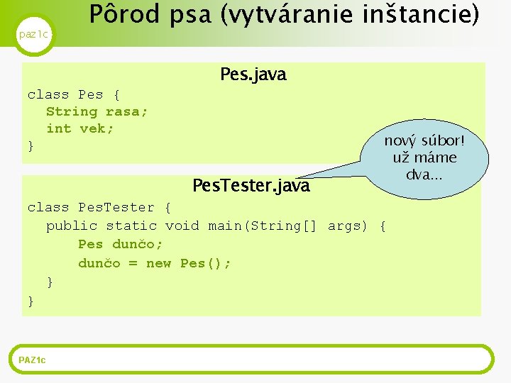 paz 1 c Pôrod psa (vytváranie inštancie) class Pes { String rasa; int vek;