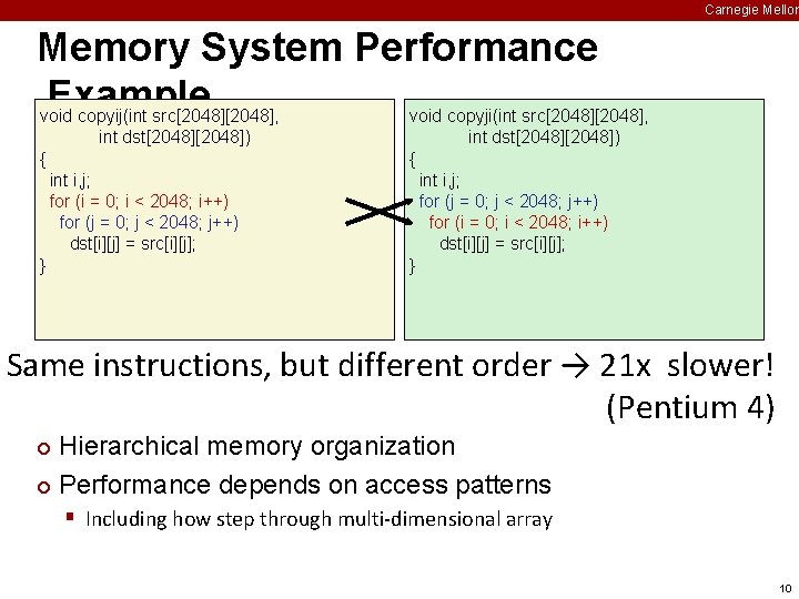 Carnegie Mellon Memory System Performance Example void copyij(int src[2048], void copyji(int src[2048], int dst[2048][2048])