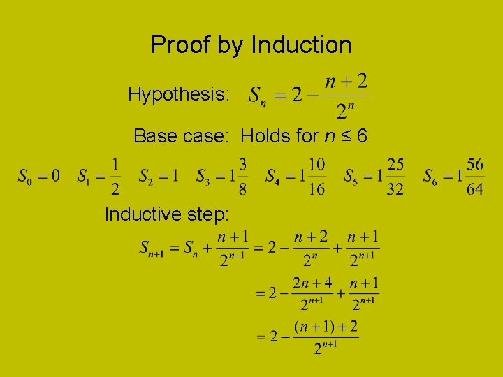 Proof by Induction Hypothesis: Base case: Holds for n ≤ 6 Inductive step: 