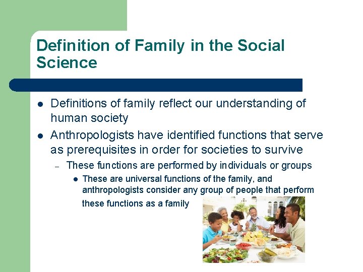 Definition of Family in the Social Science l l Definitions of family reflect our