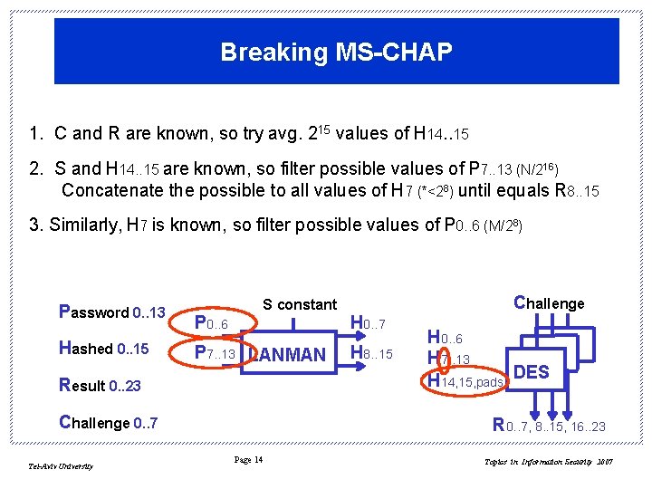 Breaking MS-CHAP 1. C and R are known, so try avg. 215 values of