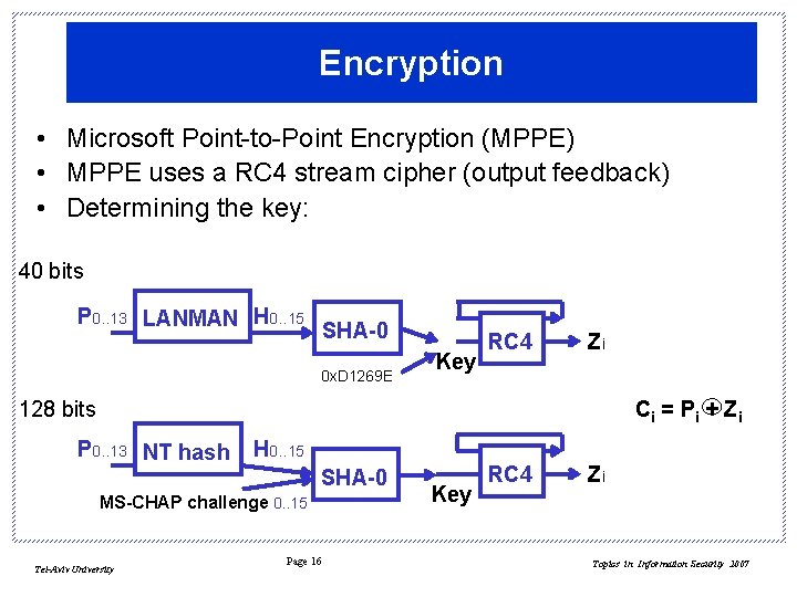 Encryption • Microsoft Point-to-Point Encryption (MPPE) • MPPE uses a RC 4 stream cipher