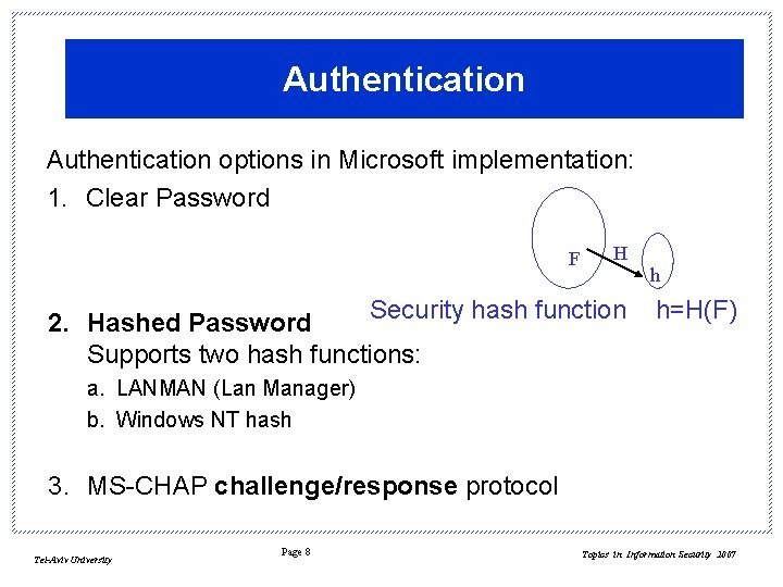 Authentication options in Microsoft implementation: 1. Clear Password F H Security hash function 2.