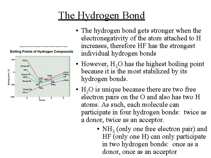 The Hydrogen Bond • The hydrogen bond gets stronger when the electronegativity of the