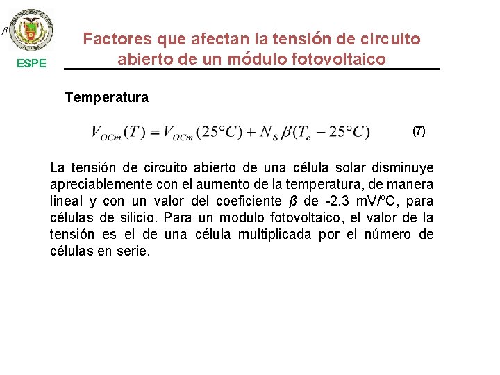 ESPE Factores que afectan la tensión de circuito abierto de un módulo fotovoltaico Temperatura