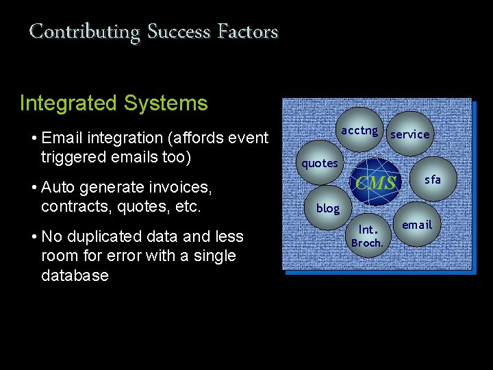 Contributing Success Factors Integrated Systems • Email integration (affords event triggered emails too) •