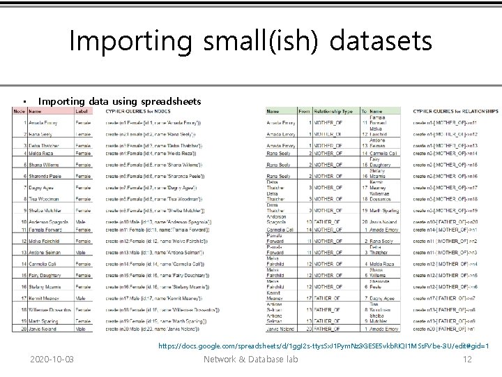 Importing small(ish) datasets • Importing data using spreadsheets https: //docs. google. com/spreadsheets/d/1 gg. I