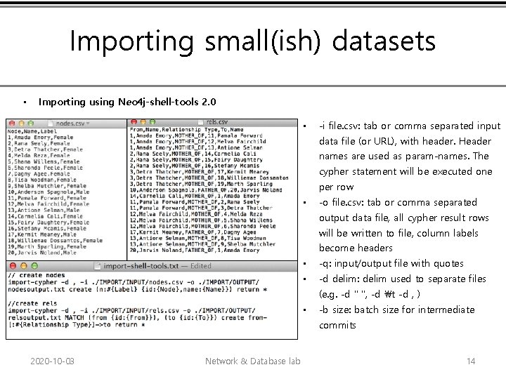 Importing small(ish) datasets • Importing using Neo 4 j-shell-tools 2. 0 • -i file.