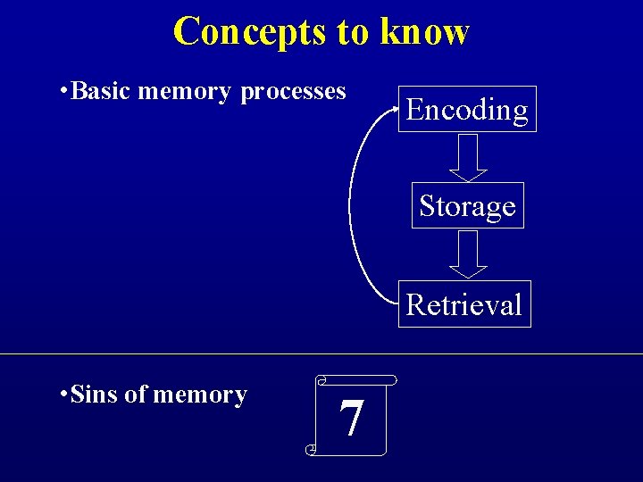 Concepts to know • Basic memory processes Encoding Storage Retrieval • Sins of memory