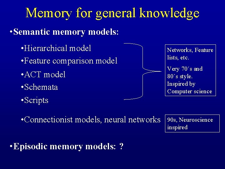Memory for general knowledge • Semantic memory models: • Hierarchical model • Feature comparison