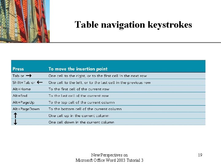 Table navigation keystrokes New Perspectives on Microsoft Office Word 2003 Tutorial 3 XP 19