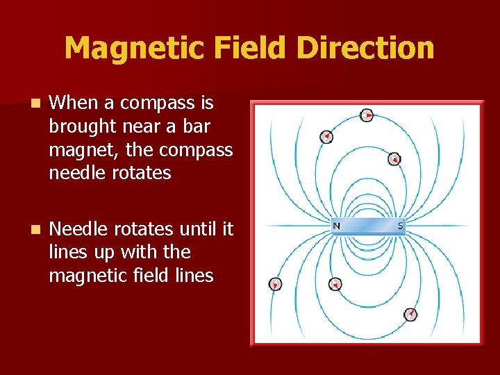 Magnetic Field Direction n When a compass is brought near a bar magnet, the
