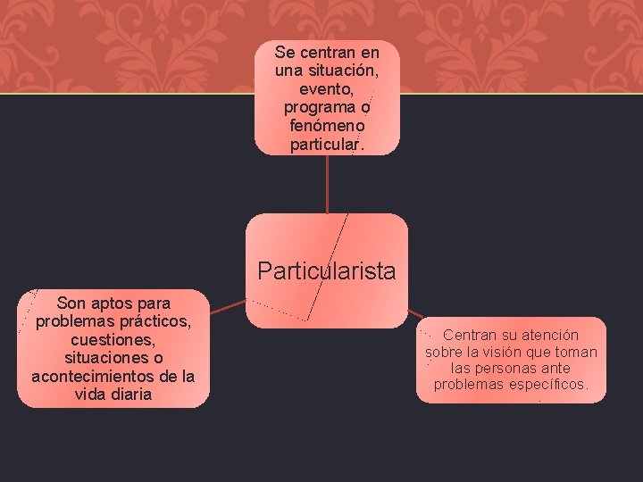 Se centran en una situación, evento, programa o fenómeno particular. Particularista Son aptos para