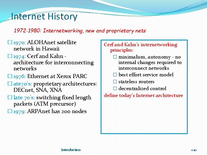 Internet History 1972 -1980: Internetworking, new and proprietary nets � 1970: ALOHAnet satellite network