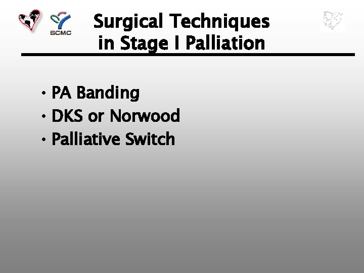 Surgical Techniques in Stage I Palliation • PA Banding • DKS or Norwood •