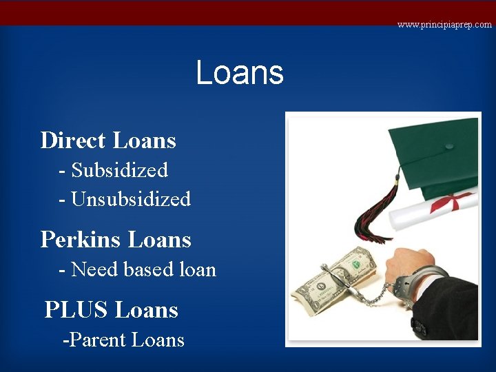 www. principiaprep. com Loans Direct Loans - Subsidized - Unsubsidized Perkins Loans - Need