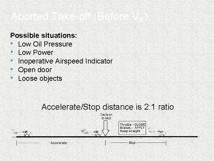 Aborted Take-off (Before VR) Possible situations: • Low Oil Pressure • Low Power •