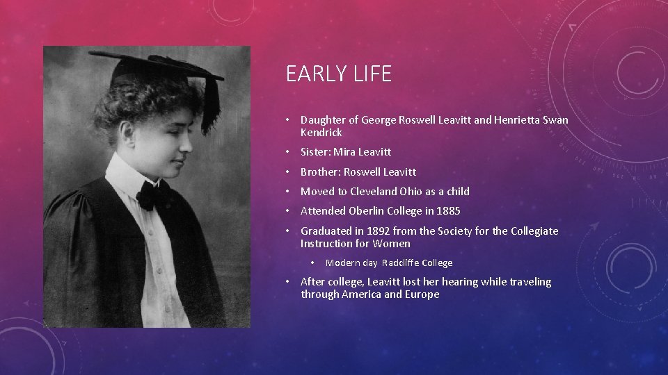 EARLY LIFE • Daughter of George Roswell Leavitt and Henrietta Swan Kendrick • Sister: