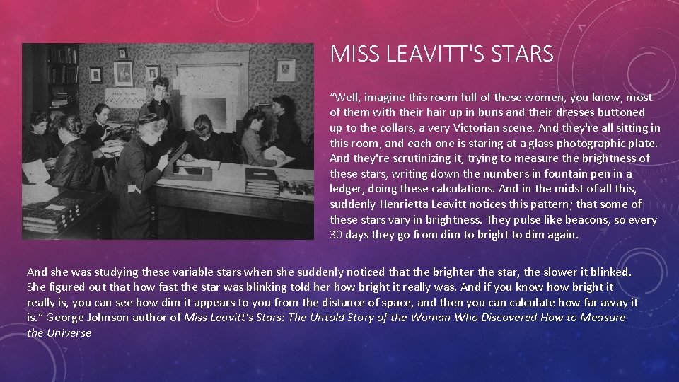 MISS LEAVITT'S STARS “Well, imagine this room full of these women, you know, most