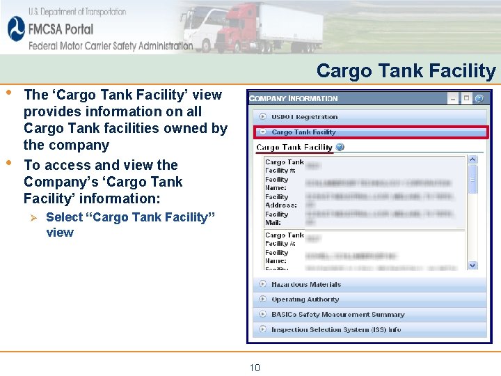 • • Cargo Tank Facility The ‘Cargo Tank Facility’ view provides information on • • Cargo Tank Facility The ‘Cargo Tank Facility’ view provides information on