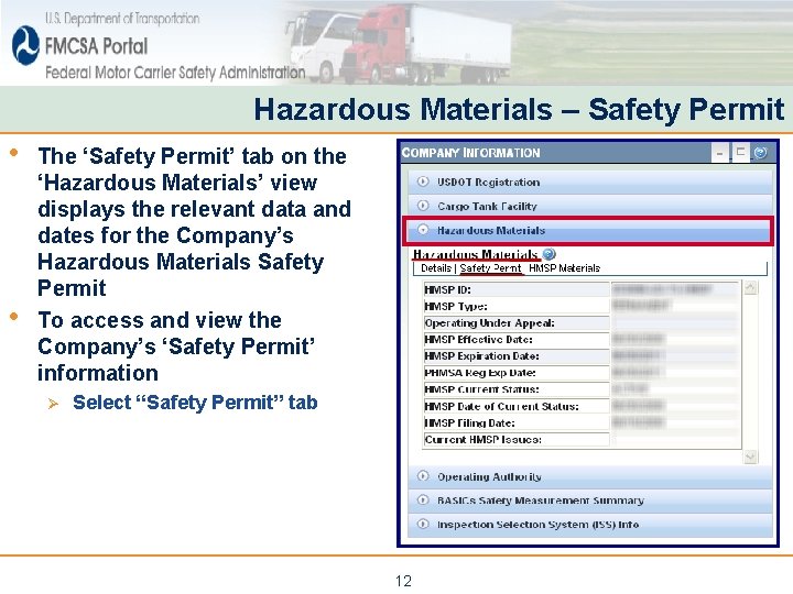 Hazardous Materials – Safety Permit • • The ‘Safety Permit’ tab on the ‘Hazardous Hazardous Materials – Safety Permit • • The ‘Safety Permit’ tab on the ‘Hazardous