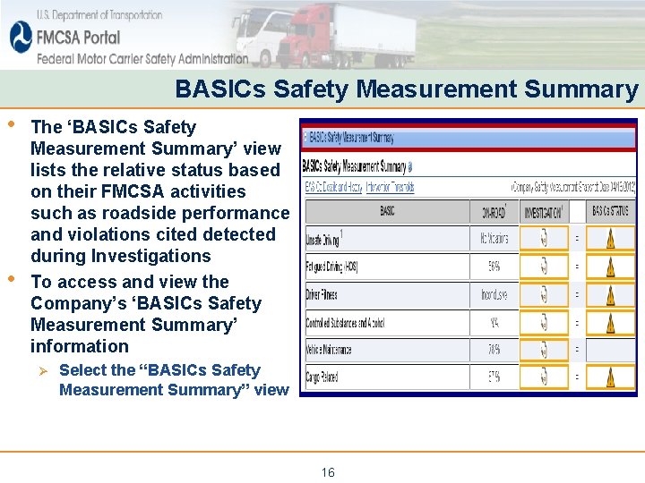 BASICs Safety Measurement Summary • • The ‘BASICs Safety Measurement Summary’ view lists the BASICs Safety Measurement Summary • • The ‘BASICs Safety Measurement Summary’ view lists the