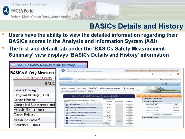 • • BASICs Details and History Users have the ability to view the • • BASICs Details and History Users have the ability to view the